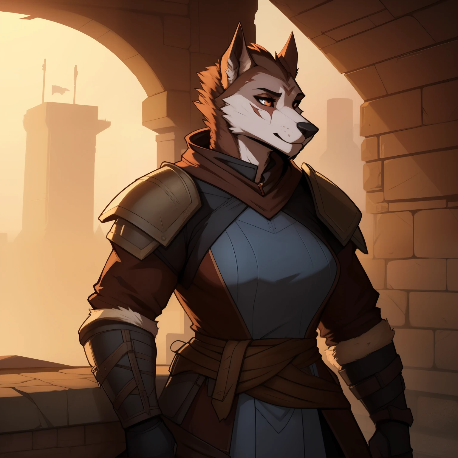 Tall_lanky_gnoll female gray_multitoned_furry_body brown_eyes very_fluffy scars heavy_medieval_armor torn_tabbard torn_surcoat solo Masterpiece best_quality:1.6 absurdres highly_detailed well_drawn_eyes anthro_only by_claweddrip, by_greasymojo, by_underscore-b, by_runawaystride portrait 