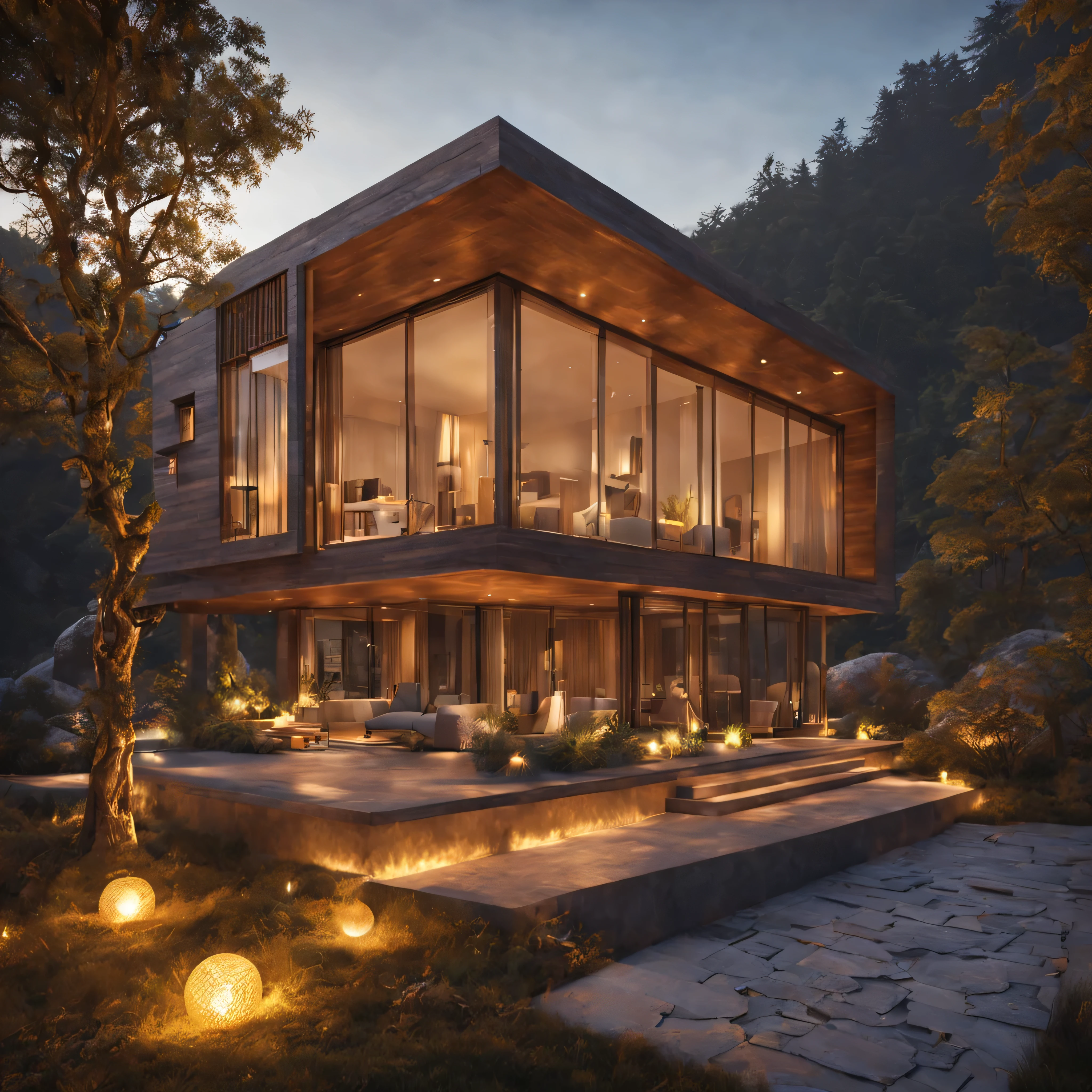 Imaginez l&#39;aspect extérieur d&#39;une villa moderne en bois nichée au milieu d&#39;imposantes montagnes et d&#39;une sereine forêt pluvieuse.. Imaginez un environnement où le monde extérieur est froid et brumeux, mais quand tu entres à l&#39;intérieur, un environnement cosy et accueillant vous accueille. L&#39;intérieur est orné de lumières jaunes chaudes, créant une ambiance apaisante qui complète le temps froid à l&#39;extérieur. Capturez l&#39;essence du confort et de la détente, ce qui en fait le refuge parfait contre les éléments. Créez une invite qui inspire la création d&#39;un havre de paix qui allie harmonieusement l&#39;architecture moderne à la beauté de la nature., où chaque détail contribue à une atmosphère décontractée et confortable au sein de la villa. Ultraréaliste, photoréaliste, ultradétaillé, vue extérieure