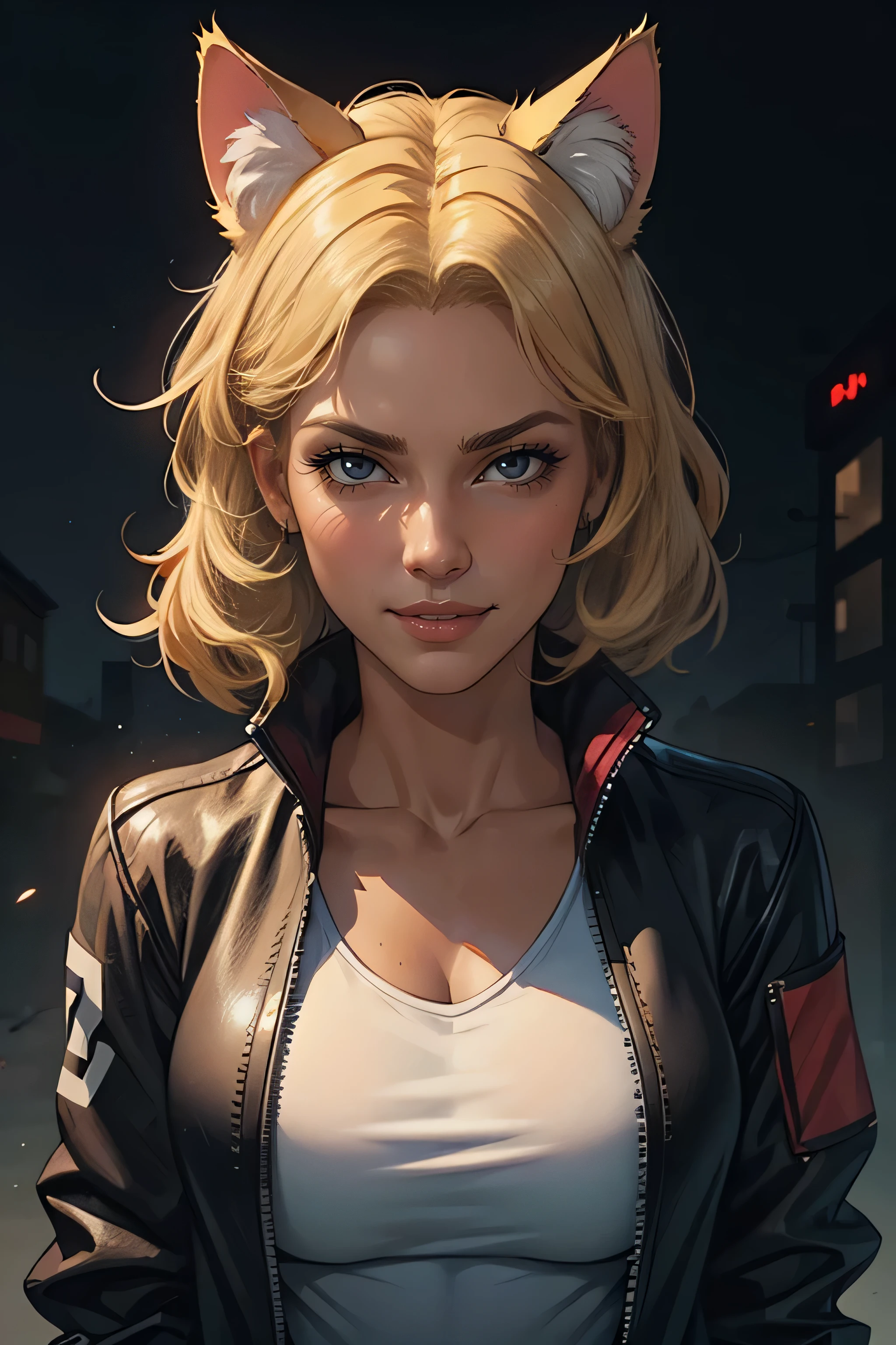 1girl, blond hair,  cat_ears, animal_ears, solo, dark_skin, tan_skin, foggy neon futuristic,  summer jacket, sakura falling, portrait style, looking_at_viewer, cinematic lighting,  eyeliner, makeup, emotional,  highly detailed, wide shot, sharp focus,    ring light, rim lighting, octane render, ring light, rim lighting, nvinkpunk, samdoesarts