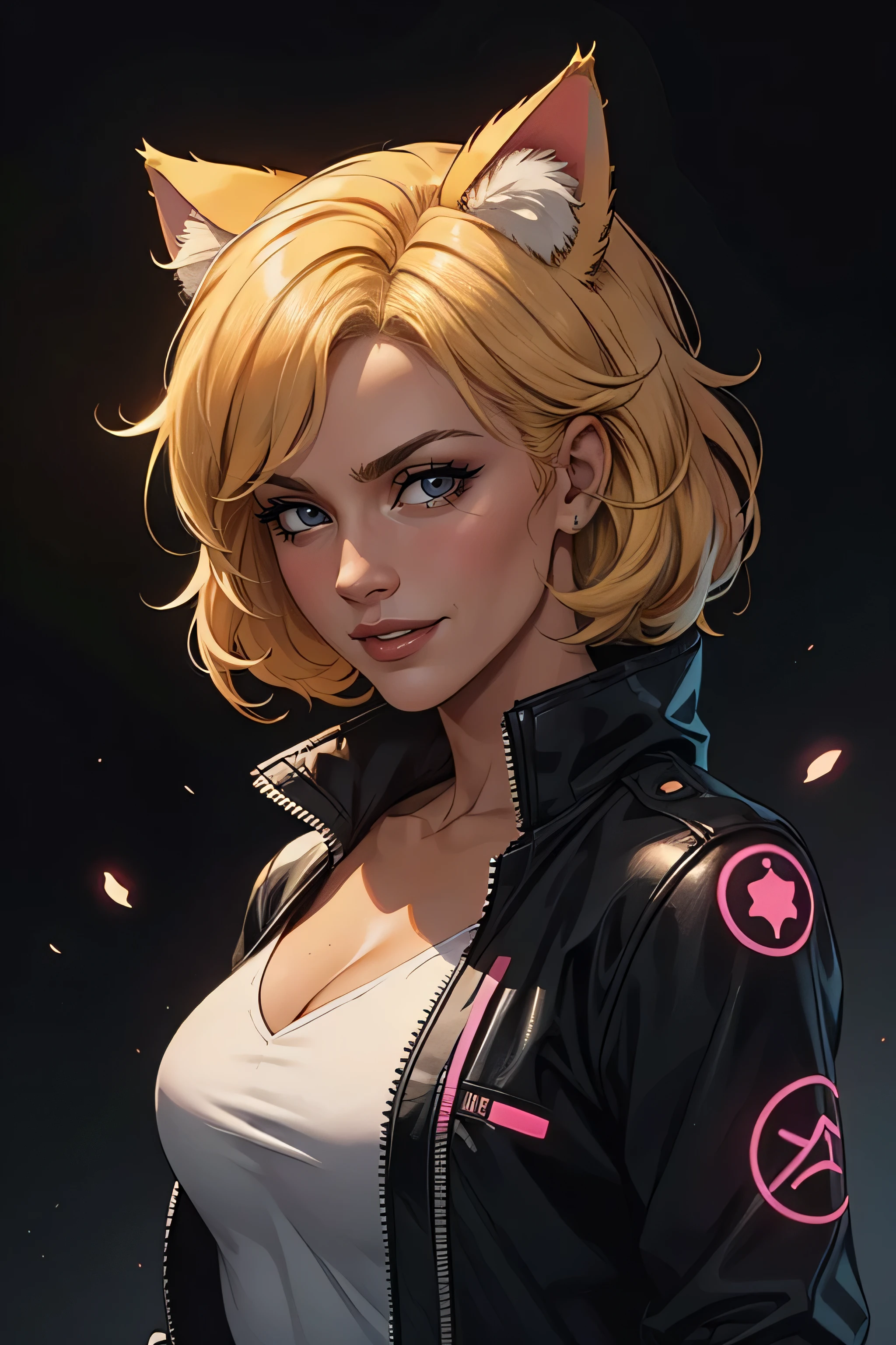 1girl, blond hair,  cat_ears, animal_ears, solo, dark_skin, tan_skin, foggy neon futuristic,  summer jacket, sakura falling, portrait style, looking_at_viewer, cinematic lighting,  eyeliner, makeup, emotional,  highly detailed, wide shot, sharp focus,    ring light, rim lighting, octane render, ring light, rim lighting, nvinkpunk, samdoesarts