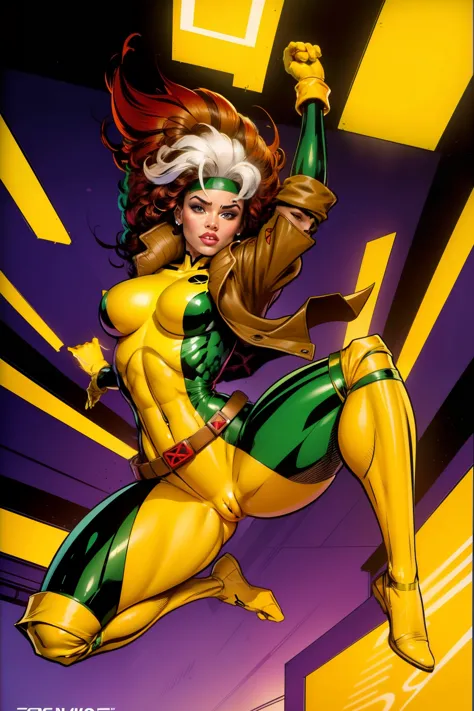 (((A comic style, cartoon art))). view from below. Rogue is in an destroyed New York City, She is wearing her signature Green and Yellow outfit and brown jacket, in dynamic funny pose. brown and white hair, she holds a glowing (((Hot Body, athletic body, s...