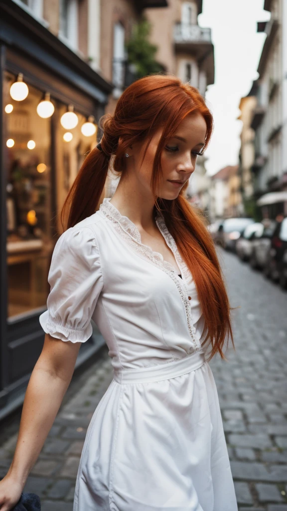 best quality, photorealestic, 30-year-old red-haired woman, woman,(Teething of the skin), Mid Chest, (bright), (professional lightning, bokeh), (Street), People, Masses, braided bangs, (blouse:1.5), (trug:0.8), beautiful, bloom, floating hair, (dynamic pose:0.6) , Soft lighting, 