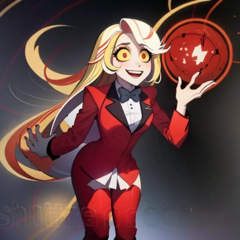 charlie morningstar, long hair, red suit, red pants, 1girl, yellow sclera, blonde hair, white skin, perfect anatomy, smiling