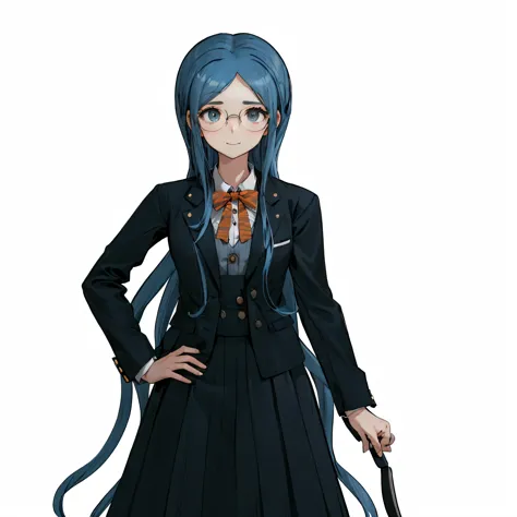 Tall young girl with long blue hair, reaching to the knees. Right at the roots, they curl towards the ends. cumugi&#39;his eyes are round, soft blue color. She wears small oval glasses..

 consists of a long skirt to the knees, decorated with six white but...
