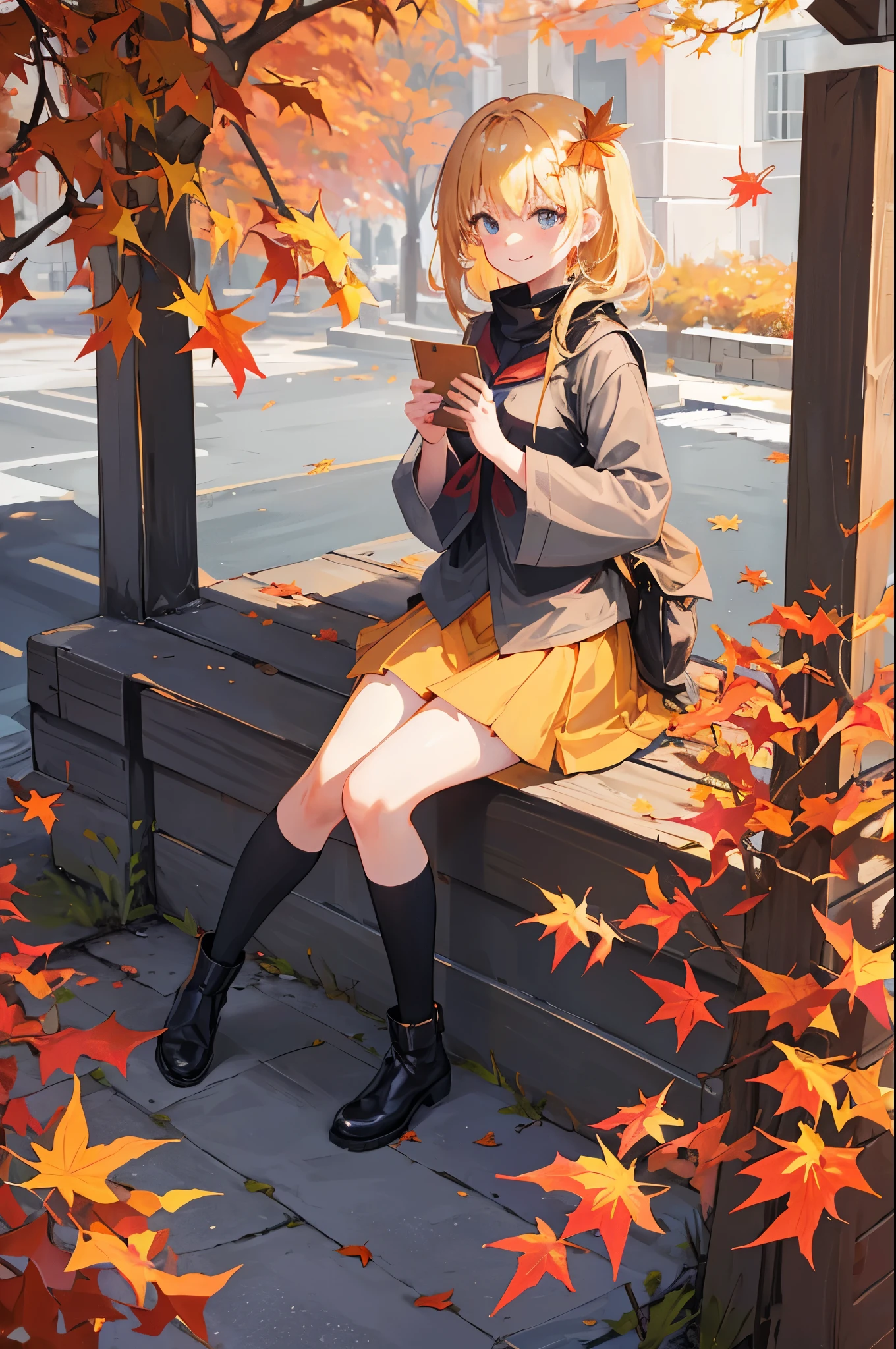 rating:safe, 1girl, autumn_leaves, solo, sitting, blonde_hair, autumn, leaf, black_footwear, hair_ornament, aki_shizuha, looking_at_viewer, socks, maple_leaf, skirt, outdoors, tree, smile, boots