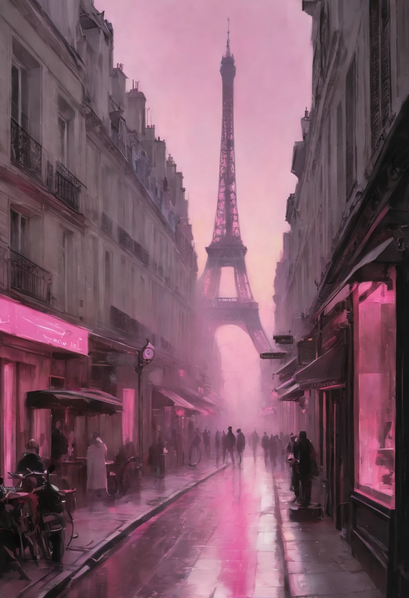 blkmndy, Oil-painting, highly detailed muted beautiful black and white ink painting of paris street, ((pink neon lights from cafees)), atmospheric lighting, wer to wet techniques, dry brush, atmospheric perspective, elegant, beautiful, high detail, by Willem Haenraets, haze, low clouds, 8k, sharp shutter, vignette, lens flare, black and white, comic style