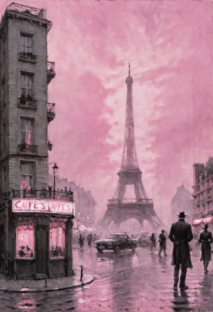 Blkmndy, 油絵, highly detailed muted 美しい 白黒 ink painting of paris street, ((カフェのピンクのネオンライト)), 雰囲気のある照明, ウェットテクニック, ドライブラシ, 大気の遠近法, エレガント, 美しい, 細部までこだわった, ウィレム・ヘンラーツ, もや, 低い雲, 8K, シャープなシャッター, ビネット, レンズフレア, 白黒, コミックスタイル