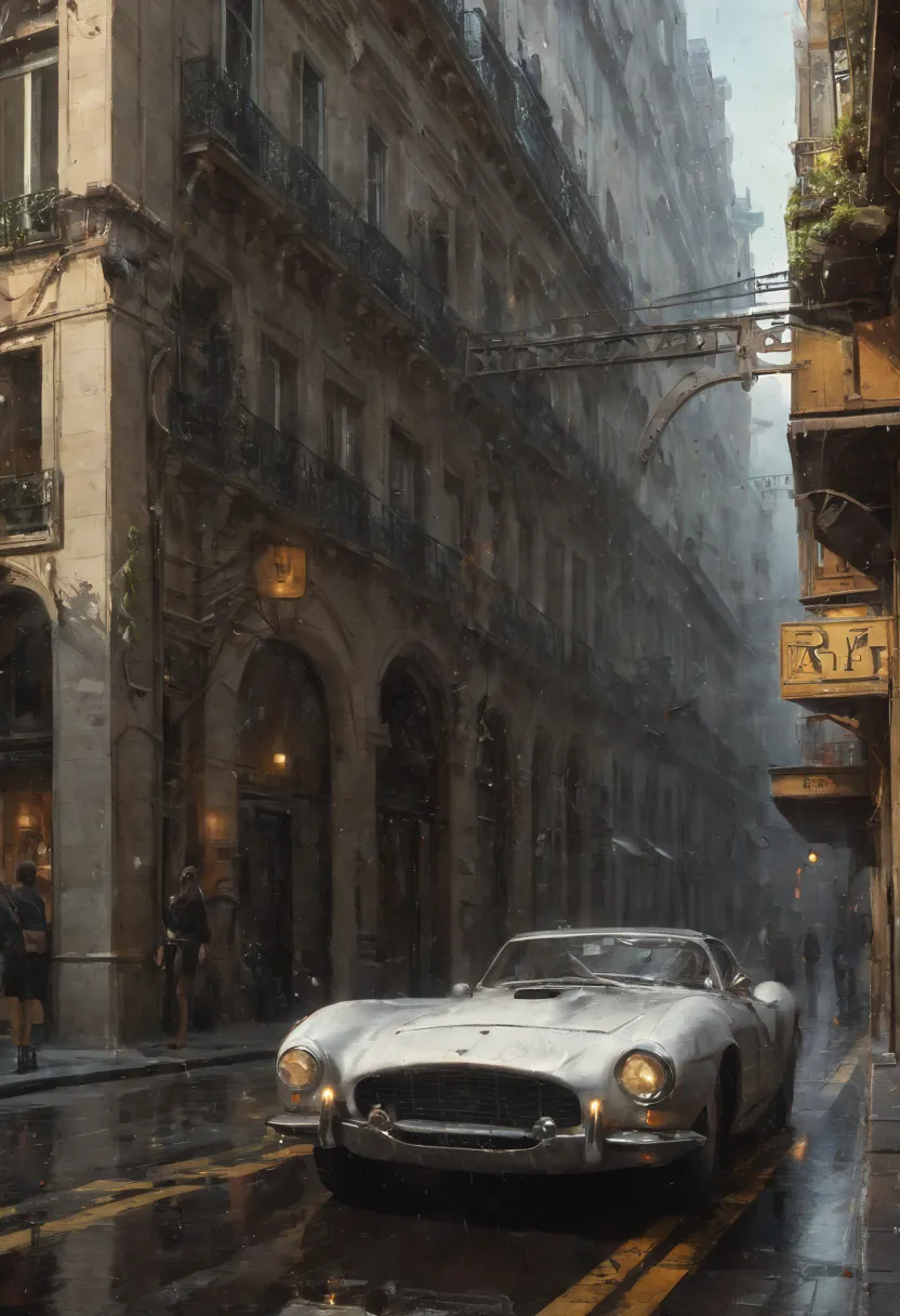 blkmndy, olpntng style, Steampunk sports car cruising the streets of Paris, wet street with reflections, intricate artwork maste...