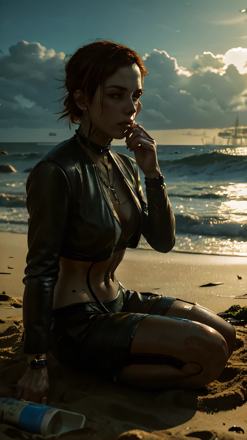 sad rich bussiness yooungg female cyberpunk,sad on a beach, sunny, crying, paiting, sun,, cyberpunk 
