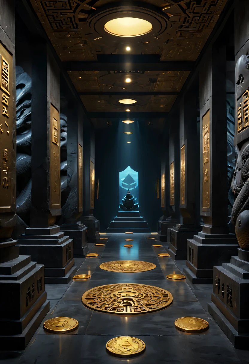 A wonderful underground cave, Alien civilization ruins, a mysterious tomb, Metal coffin, a treasure, Sparkling gold coins, terracotta warriors, antiquities, cultural relic, alien hieroglyphics, future technology, 诡异的magic力量, unknown cosmic energy, eye of control, Scan grid, epic, grand, octane rendering, Enhanced, complex, ((dark)),epic,8k,fantasy,Super detailed,magic, Cast spells,black hole,threaten,ridiculous,abyssal,magic阵,excess energy,science fiction,abyssaltech,dark energy,ethereal,desolving,perspective,abyss,Anti-tech,science fiction,Pure energy, (masterpiece, flagship artwork, official art, professional, unified 8k wallpaper:1.3), Super detailed, (actual, photoactual, photo-actual:1.37), human development report, ultra high definition, studio lighting, Ultra-fine painting, sharp focus, Physically based rendering, professional, bright colors, Bokeh.