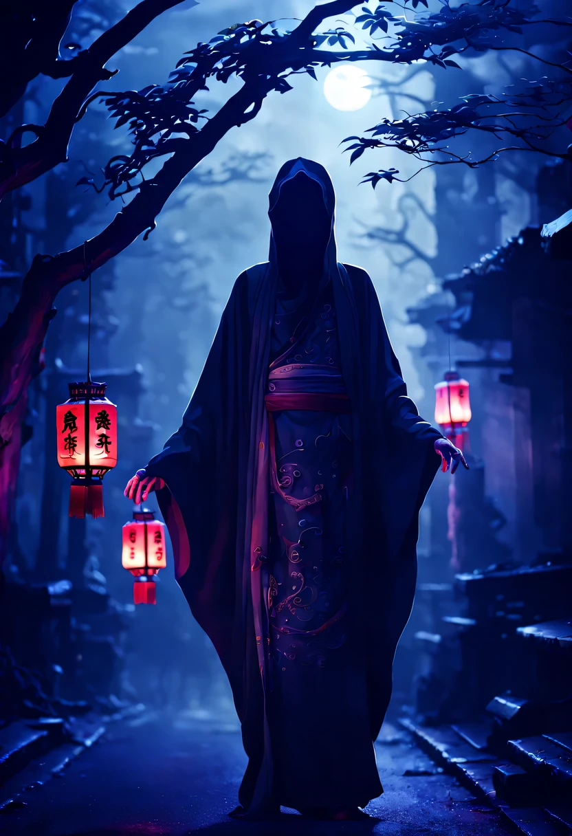中国鬼节，中卡宇宙，鬼气，夜晚街道明暗对比，细致描绘怪异的树枝纹理，透明的幽灵在烟雾中漂浮，灯笼挂在树上，There are flowers on 它, 遮光照明，背景虚化，景深，柔光,美学照明, 昏暗的灯光，平静而又恐怖的氛围，神秘而黑暗，详细的灯光效果，Soft color trans它ions，奇怪的地方，它&#39;有雾， 时空错位，转生翻转。 颠倒，没有太阳或月亮的光， 令人困惑和荒谬，噩梦连连。 神秘而不真实，幻影， 哥特式阴影，笼罩在四面八方。 赛博朋克， 黑暗森林，异质空间， 隐藏着无数不为人知的秘密，被遗忘的灵魂在黑夜中徘徊。