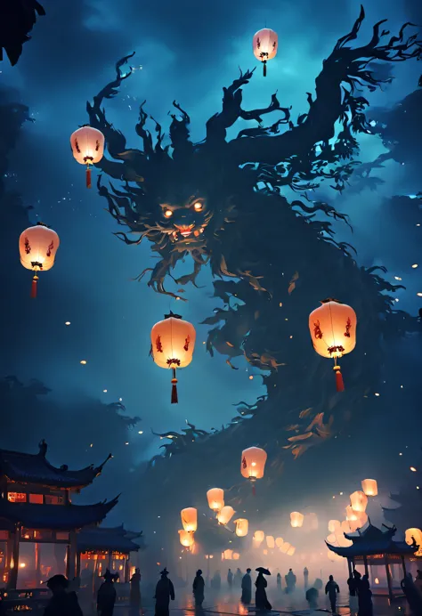 Chinese Ghost Festival，nakahara universe，ghostly aura，Night street chiaroscuro，Detailed depiction of eerie tree branch textures，...