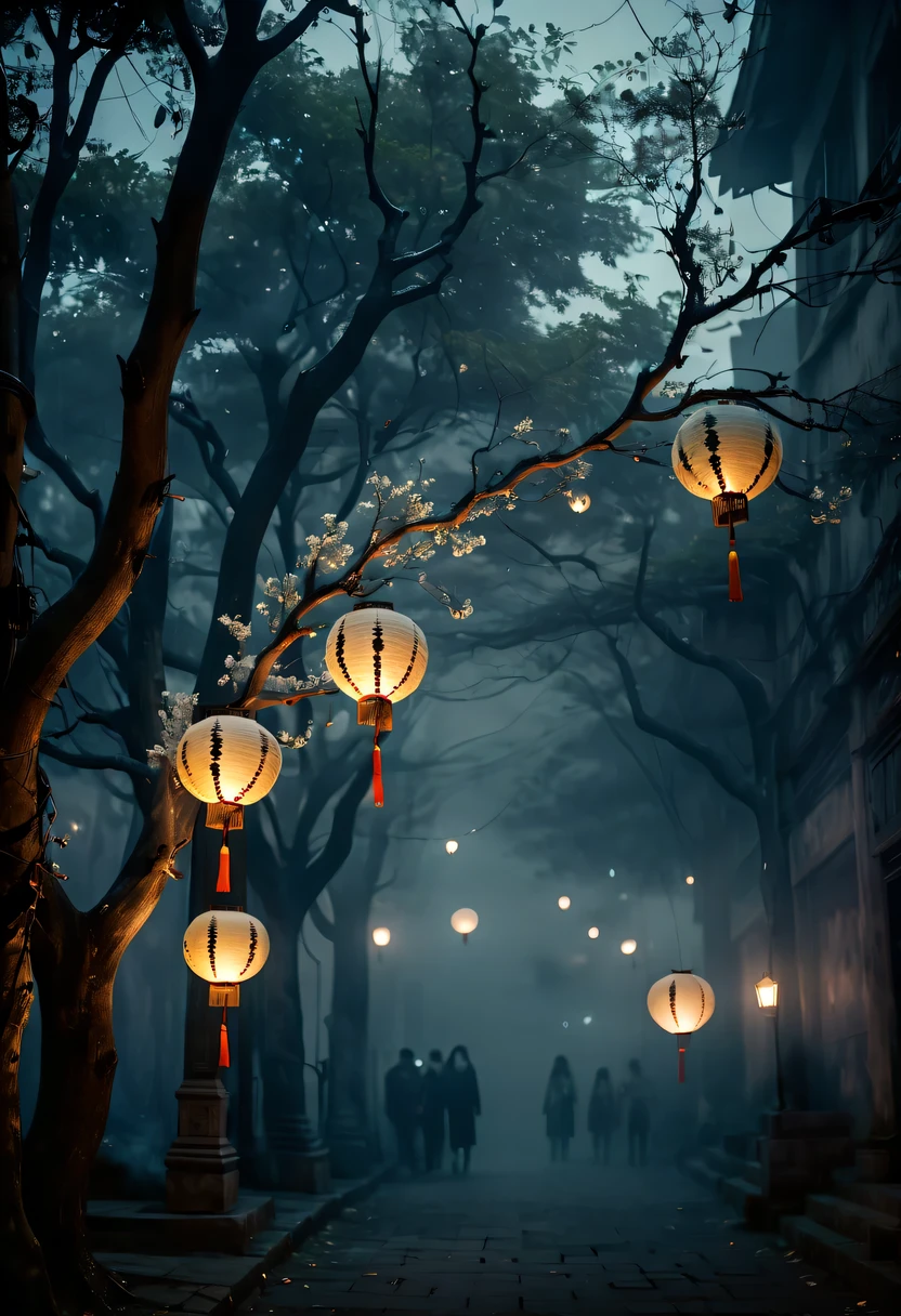 中国の鬼節，なかか宇宙，幽霊のようなオーラ，夜の街の明暗法，不気味な木の枝の質感を詳細に描写，煙の中に透明な幽霊が浮かぶ，木から吊るされた提灯，There are flowers on それ, 陰影のある照明，背景ボケ，被写界深度，やわらかい光,美しい照明, 薄暗い照明，平和でありながら恐ろしい雰囲気，神秘的で暗い，詳細な照明効果，Soft color transそれions，奇妙な場所，それ&#39;霧がかかっている， 時空のずれ，転生フリップ。 物事をひっくり返す，太陽や月からの光はない， 混乱してばかげている，悪夢は何度も繰り返される。 神秘的で非現実的，ファントム， ゴシックシャドウ，四方八方から覆い隠された。 サイバーパンク， 暗い森，異質空間， 数え切れないほどの知られざる秘密が隠されている，夜にさまよう忘れられた魂。