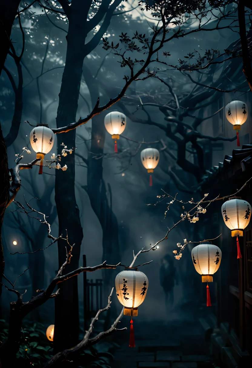 中國鬼節，中卡宇宙，幽靈般的光環，夜晚的街道明暗對比，詭異的樹枝紋理的細緻描繪，透明的幽灵漂浮在烟雾中，掛在樹上的燈籠，There are flowers on 它, 陰影照明，背景散景，景深，柔光,美學照明, 昏暗的燈光，和平而可怕的氣氛，神秘而黑暗，詳細的燈光效果，Soft color trans它ions，奇怪的地方，它&#39;有雾， 时空错位，輪迴翻轉。 顛倒過來，沒有來自太陽或月亮的光， 令人困惑和荒謬，一次又一次的惡夢。 神秘又不真實，幻影， 哥德式陰影，籠罩在四面八方。 賽博朋克， 黑暗的森林，異質空間， 隱藏著無數不為人知的秘密，被遺忘的靈魂在夜裡徘徊。