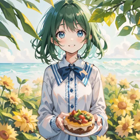 rating:safe, 1girl, solo, long_sleeves, bow, blue_eyes, smile, blush, shirt, looking_at_viewer, striped, short_hair, food, food_on_face, vertical_stripes, upper_body