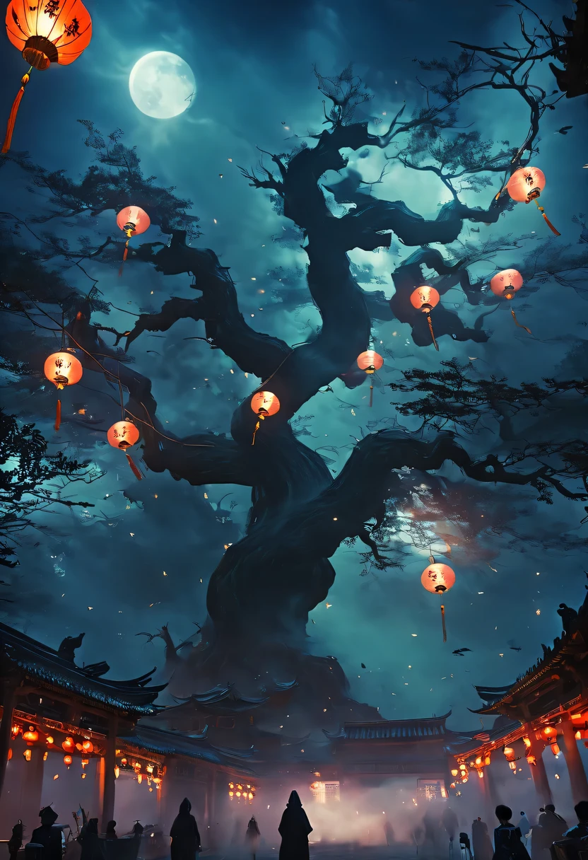 Chinese Ghost Festival，nakahara universe，ghostly aura，Night street chiaroscuro，Detailed depiction of eerie tree branch textures，Transparent ghosts float in the smoke，Lanterns hanging from trees，There are flowers on it, shaded lighting，background bokeh，depth of field，soft light,aesthetic lighting, dim lights，peaceful yet scary atmosphere，Mysterious and dark，Detailed lighting effects，Soft color transitions，Strange place，it&#39;s foggy， Space-time misalignment，reincarnation flip。 turn things upside down，There is no light from the sun or the moon， confusing and ridiculous，nightmare again and again。 Mysterious and unreal，phantom， gothic shadow，shrouded in all directions。 cyberpunk， the dark forest，heterogeneous space， Hidden countless unknown secrets，Forgotten souls wandering in the night。