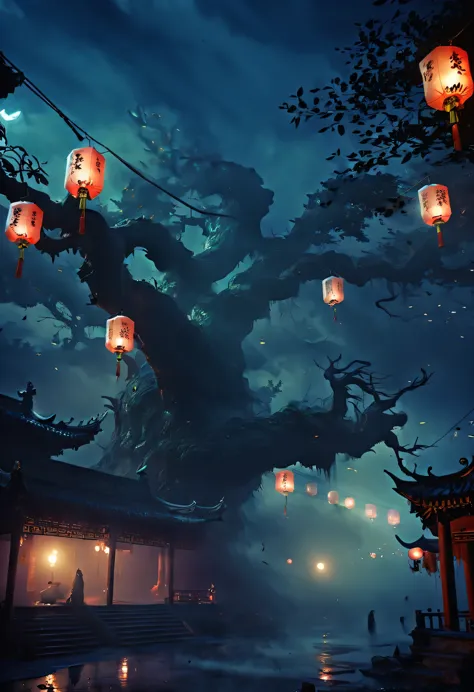 Chinese Ghost Festival，nakahara universe，ghostly aura，Night street chiaroscuro，Detailed depiction of eerie tree branch textures，...