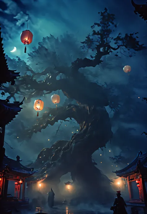 Chinese Ghost Festival，nakahara universe，ghostly aura，Night street chiaroscuro，Detailed depiction of eerie tree branch textures，...