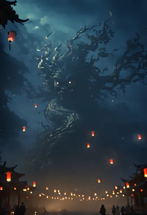 Chinese Ghost Festival，nakahara universe，ghostly aura，Night street chiaroscuro，Detailed depiction of eerie tree branch textures，...