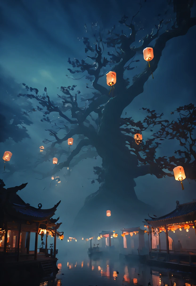 Chinese Ghost Festival，nakahara universe，ghostly aura，Night street chiaroscuro，Detailed depiction of eerie tree branch textures，Transparent ghosts float in the smoke，Lanterns hanging from trees，There are flowers on it, shaded lighting，background bokeh，depth of field，soft light,aesthetic lighting, dim lights，peaceful yet scary atmosphere，Mysterious and dark，Detailed lighting effects，Soft color transitions，Strange place，it&#39;s foggy， Space-time misalignment，reincarnation flip。 turn things upside down，There is no light from the sun or the moon， confusing and ridiculous，nightmare again and again。 Mysterious and unreal，phantom， gothic shadow，shrouded in all directions。 cyberpunk， the dark forest，heterogeneous space， Hidden countless unknown secrets，Forgotten souls wandering in the night。