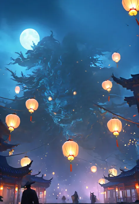 Chinese Ghost Festival，nakahara universe，ghostly aura，Night street chiaroscuro，Detailed depiction of eerie tree branch textures，...