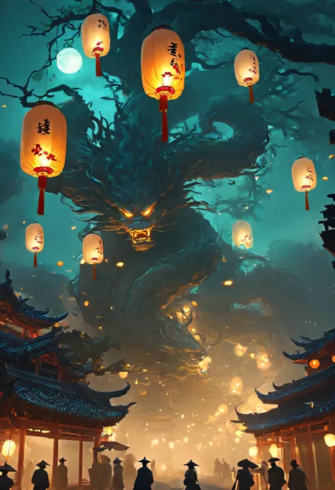 Chinese Ghost Festival，nakahara universe，ghostly aura，Night street chiaroscuro，Eerie tree branch texture and detailed depiction ...