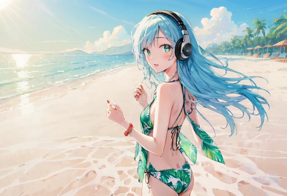 A woman with long cyan-blue hair is walking on the beach, looking back and reaching out for you to join her. She's dressed in a tropical-colored swimsuit cover-up and bikini, sporting red lipstick and a slight blush, she is wearing headphones. She has green eyes, shining with Life. The weather and lighting are serene, with a clear sky and small clouds above