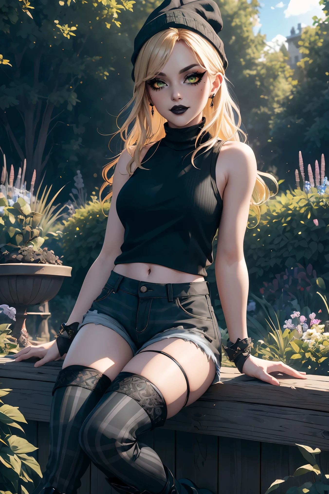 masterpiece, absurdres , (intricate details), (colorful),cinematic lighting,bust shot,extremely detailed CG unity 8k wallpaper, 1 woman, blonde hair, black cloth beanie, black plaid flannel,green tank top, black shorts, Grey and white striped thigh highs, square glasses, combat boots, smiling, outdoors, garden background, bright blue sky