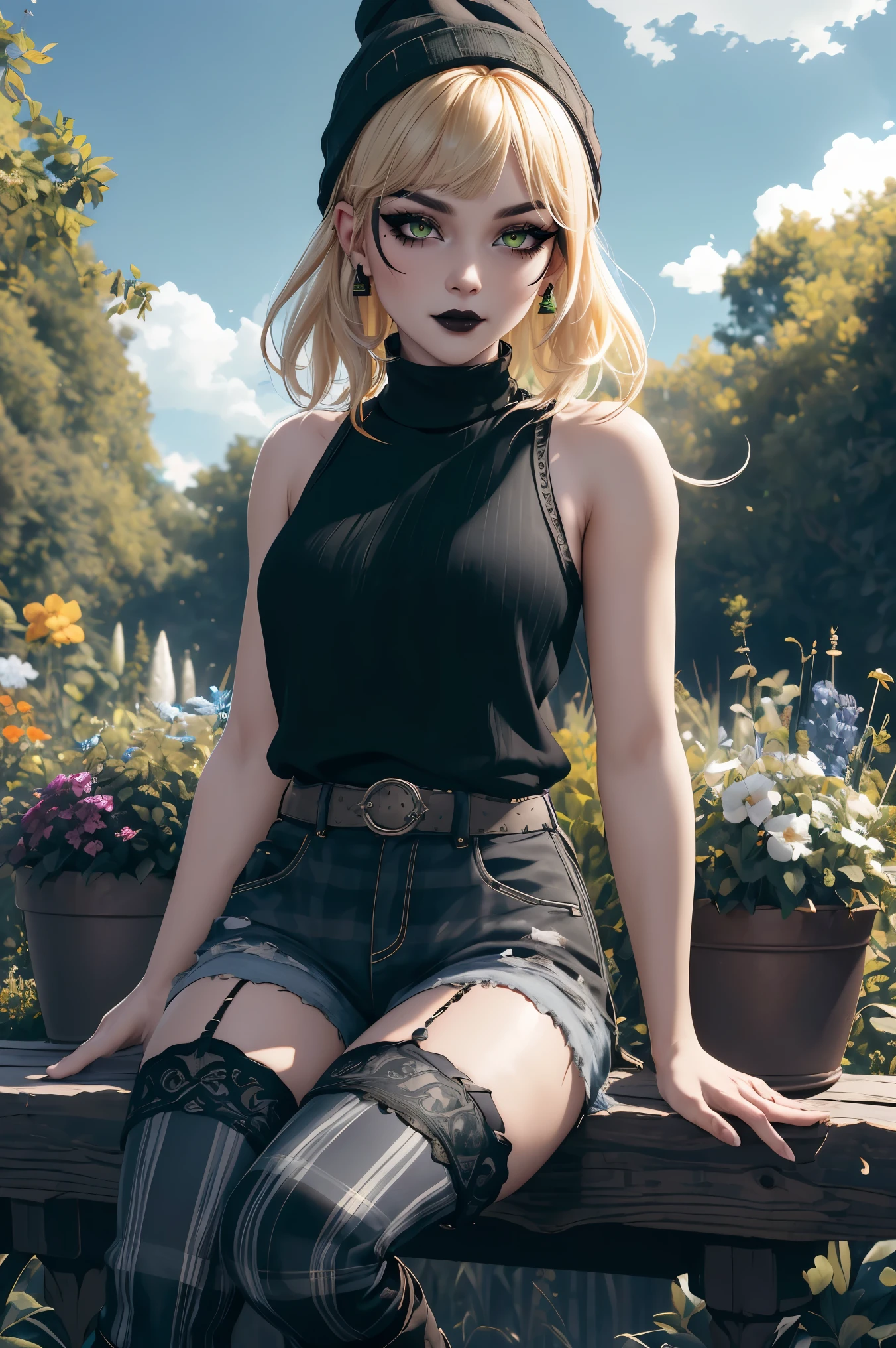 masterpiece, absurdres , (intricate details), (colorful),cinematic lighting,bust shot,extremely detailed CG unity 8k wallpaper, 1 woman, blonde hair, black cloth beanie, black plaid flannel,green tank top, black shorts, Grey and white striped thigh highs, square glasses, combat boots, smiling, outdoors, garden background, bright blue sky