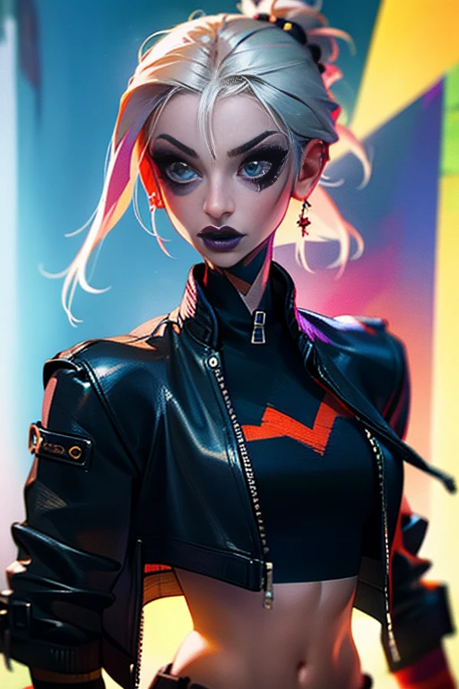 Una ilustración generada por computadora ultrarrealista de katopunk como gothgirl waifu, solo, mirada penetrante y maquillaje atrevido,  vistiendo una chaqueta de cuero con un top corto, y su cabello está peinado en un elegante recogido.