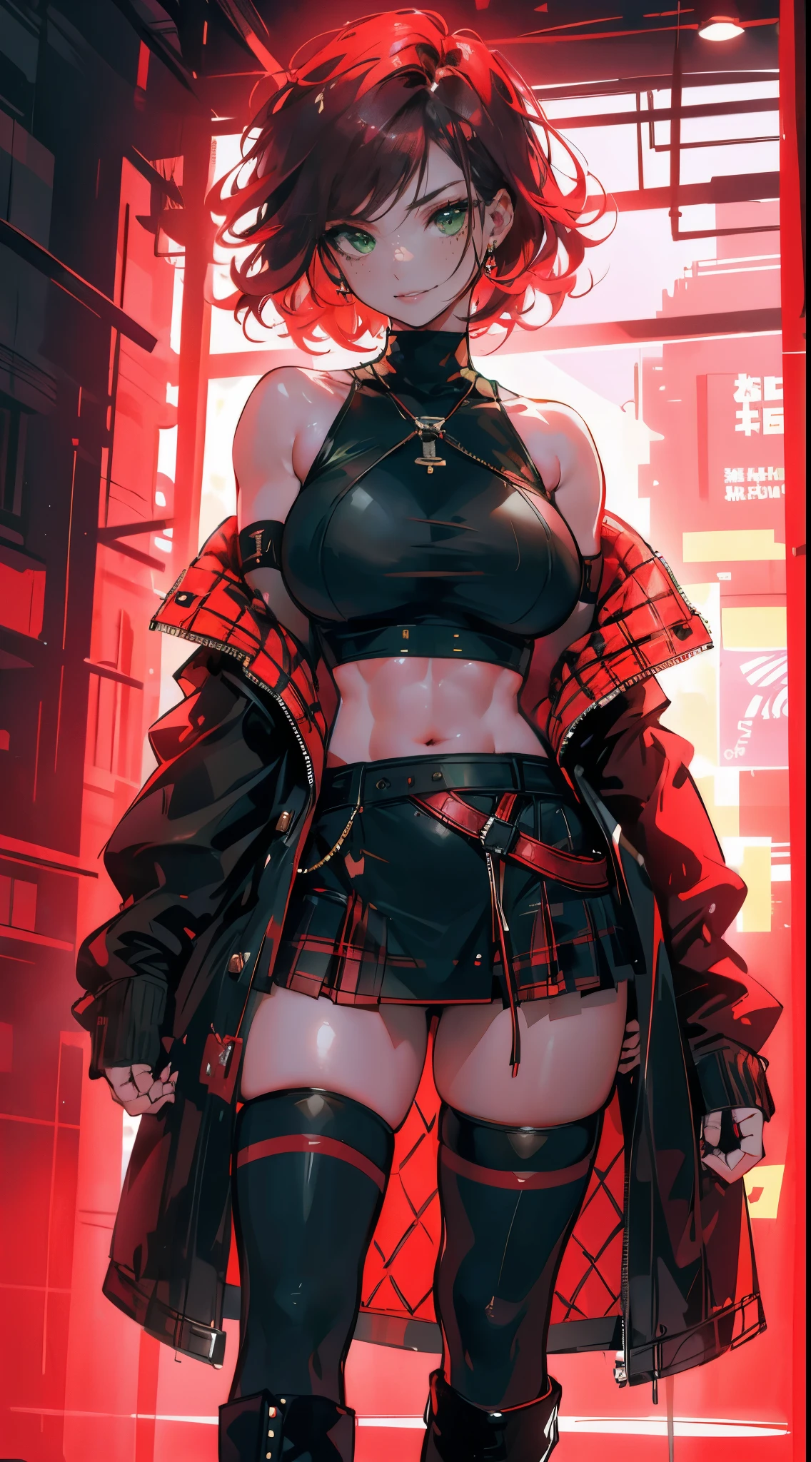 1girl, curly red pixie cut hair parted to one side, green eyes, wearing crop top black shirt, red plaid skirt, (black knee high boots), thigh high socks, black fingerless gloves, jacket, stage, exposed shoulders, thick thighs, full body, large breasts, freckles, abs, boob window, underboob, absurdres, high res, ultrasharp, 8K, masterpiece, looking at viewer