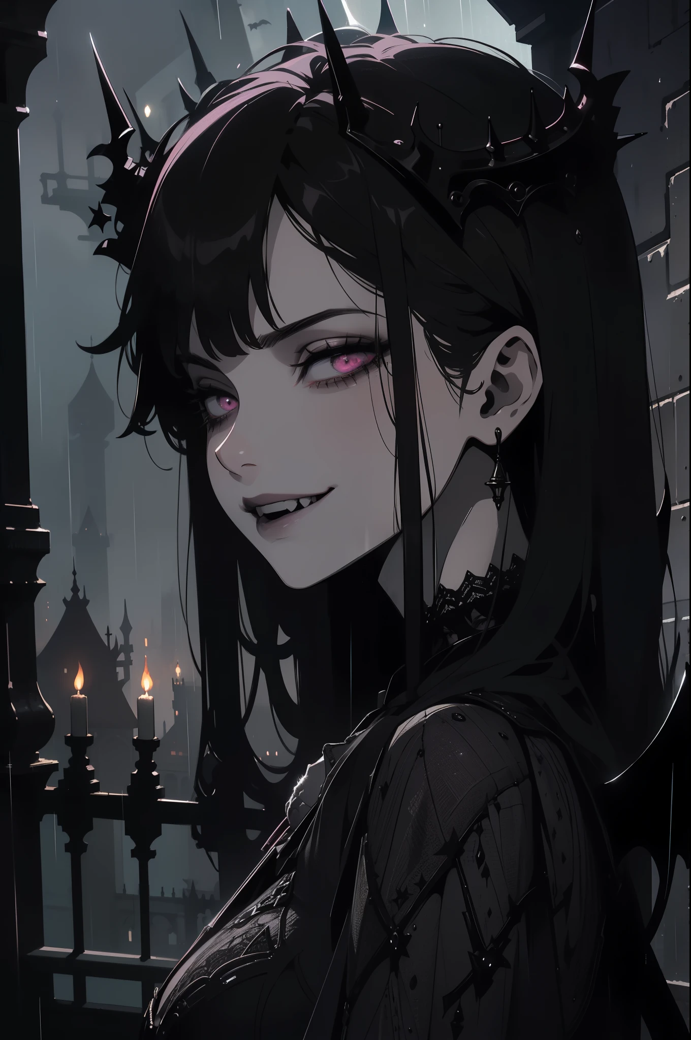 (outside, scary castle, raining, evening, soft light, dim lit, moody vibe, horror \(theme\), ), (insanely detailed, beautiful detailed face, masterpiece, best quality), 1girl, succubus, demon girl, mature female, (black hair), pink eyes, grin, smirk, demon horns, black tail, black demon wings,