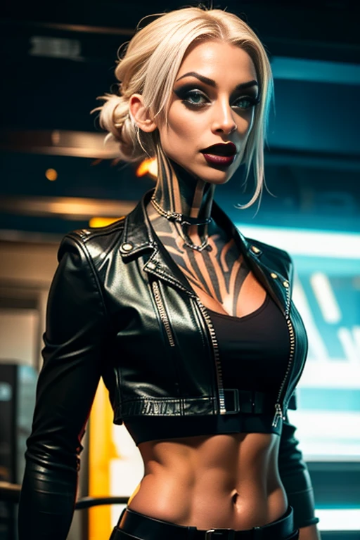 An ultra-realistic CG illustration of  katopunk as gothgirl waifu, Allein, durchdringender Blick und auffälliges Make-up,  trage eine Lederjacke mit bauchfreiem Top, und ihr Haar ist zu einer glatten Hochsteckfrisur gestylt.