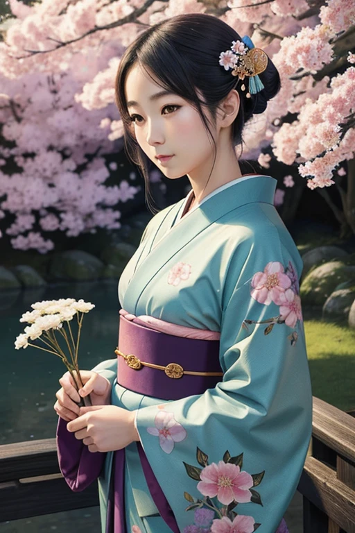 drawn with colored pencils,japanese traditional art,delicate lines and shading,beautifully detailed characters,characters in kimono,trees and flowers in the background,vibrant colors,soft lighting,portraits
