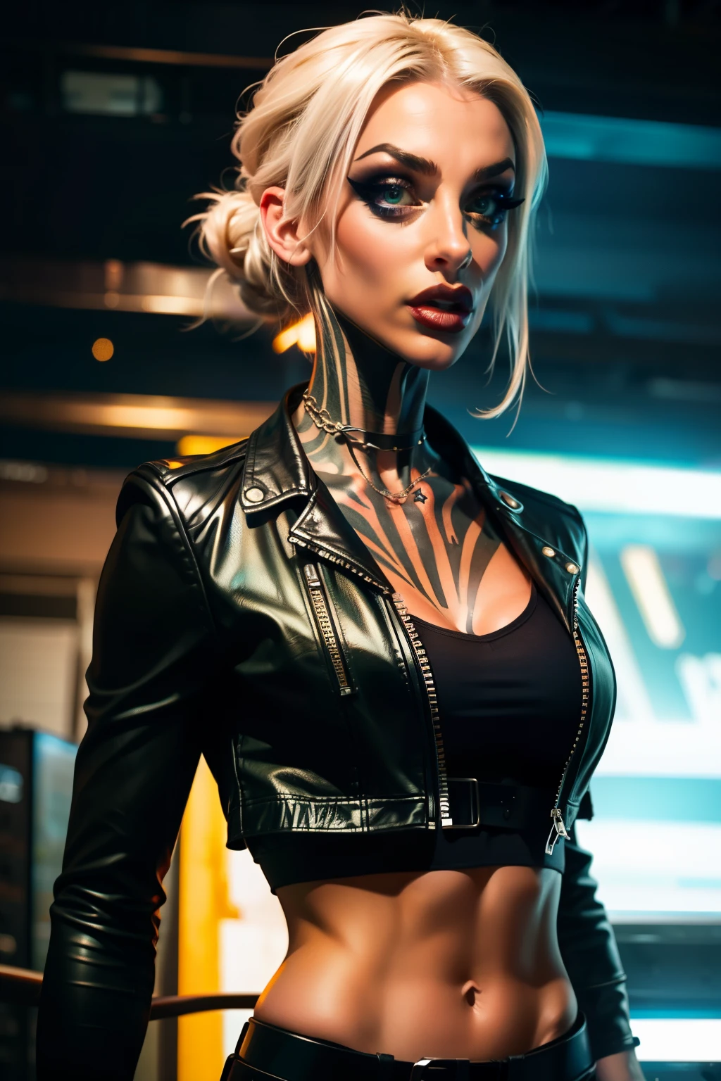 An ultra-realistic CG illustration of  katopunk as gothgirl waifu, solo, piercing gaze and bold makeup,  wearing a leather jacket with a crop top, and her hair is styled in a sleek updo.