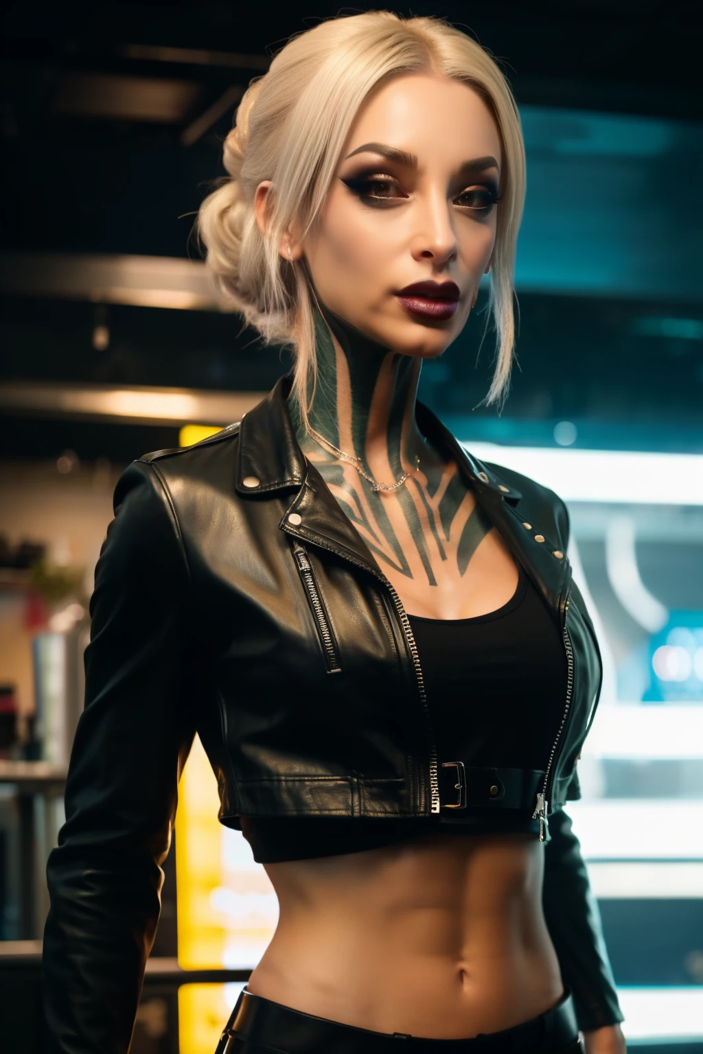 An ultra-realistic CG illustration of  katopunk as gothgirl waifu, Allein, durchdringender Blick und auffälliges Make-up,  trage eine Lederjacke mit bauchfreiem Top, und ihr Haar ist zu einer glatten Hochsteckfrisur gestylt.