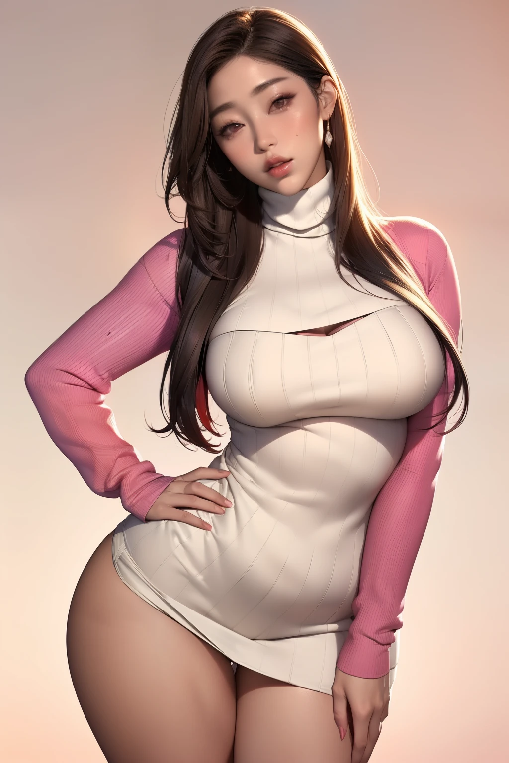 ((masterpiece, best quality, ultra-detailed, ultra-HD, photorealistic, cinematic)), ((alluring Korean female, thicc)), (surrealism), (medium shot, from front:1.4), perfect body, sexy body, perfect face, perfect hands, detailed hands, delicate face, (bursting breasts), long round legs, (wide hips), (long colorful hair, straight hair:1.3), (wearing a high neck sweater:1.5), (wearing tight panty), (sensual pose), (gradient background:1.3), brown eyes, detailed pupils, deep red lips, blushing, slightly parted lips