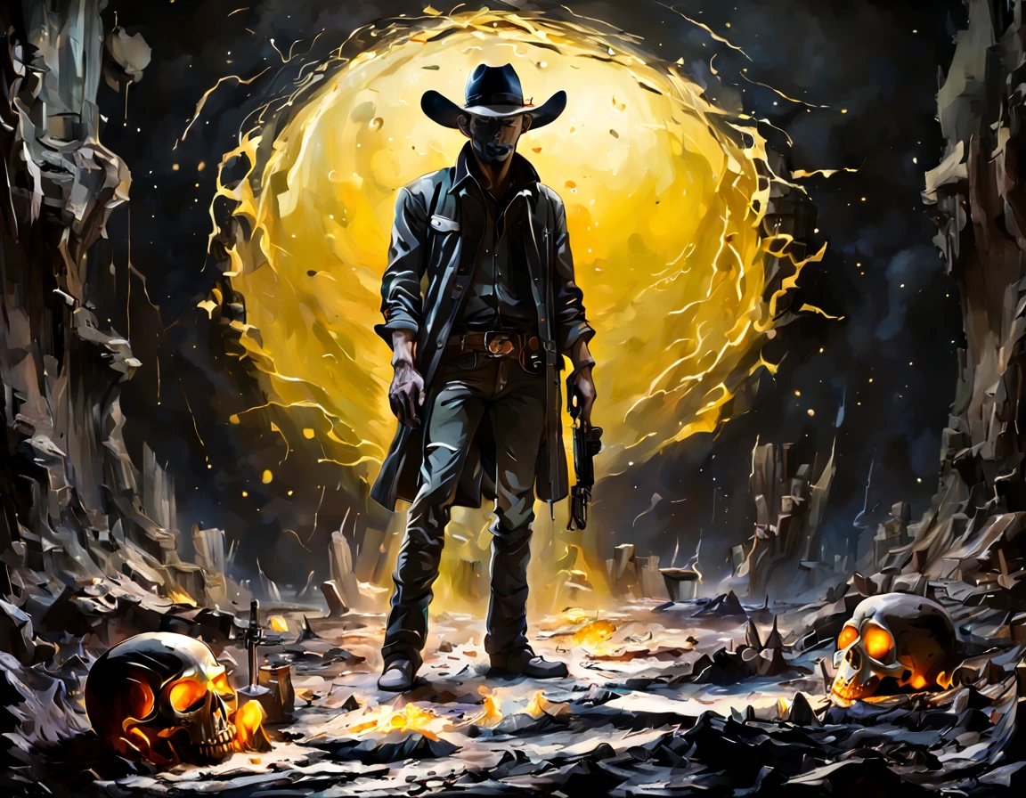 It's night time, the atmosphere is eerie and mist rises from the ground. On the front is a haunting cowboy who has a void replacing his face. The void faced cowboy looks into a partially melted skull he is holding up with one hand.  A large oilpainting hangs above the ground on the background, painting portraits an old crubled well and a  pair of footprints on the grounf that lead out od the painting all the way to the void faced cowboy.