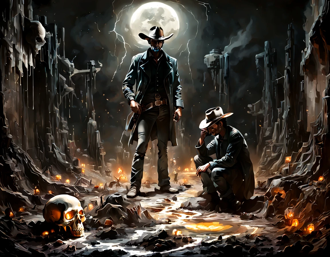 It's night time, the atmosphere is eerie and mist rises from the ground. On the front is a haunting cowboy who has a void replacing his face. The void faced cowboy looks into a partially melted skull he is holding up with one hand.  A large oilpainting hangs above the ground on the background, painting portraits an old crubled well and a  pair of footprints on the grounf that lead out od the painting all the way to the void faced cowboy.