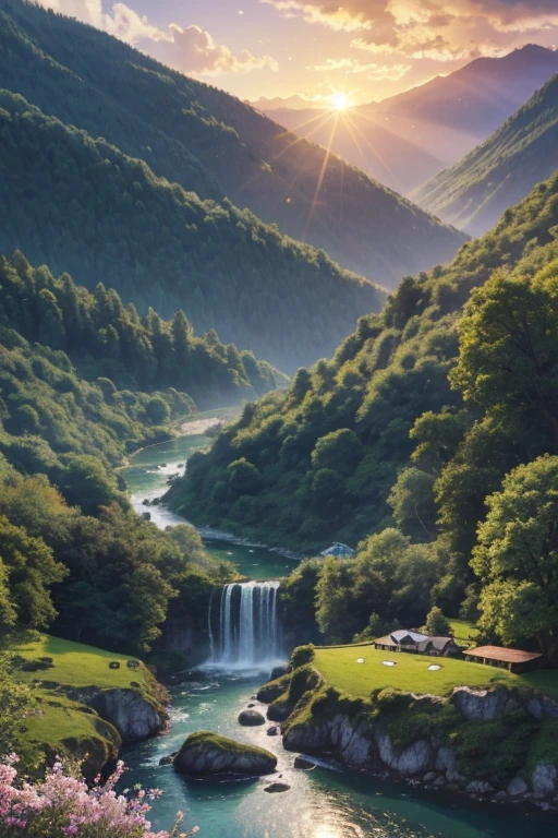 best quality,4k,8k,highres,masterpiece:1.2,ultra-detailed,realistic,photorealistic:1.37,illustration,landscape,vivid colors,nature scenery,breathtaking view,sunlit meadows,rushing streams,towering mountains,twinkling stars,silent tranquility,lush greenery,gentle breeze,serene atmosphere,golden sunrise,pastel sunset,soft morning light,ethereal beauty,immersive depth,majestic waterfalls,rolling hills,peaceful river,whispering trees,fragrant flowers,charming wildlife,cascading sunlight,harmony between sky and earth,empty fields,isolated cabin,hidden pathways,adventurous trails,mystical forests,quiet village nestled among hills,sweeping vistas,picturesque rooftops,and a distant castle on the horizon