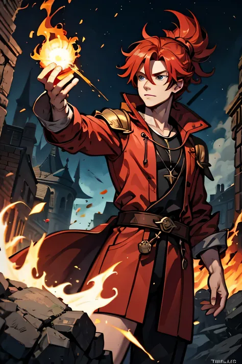 red-haired wizard throwing a fireball