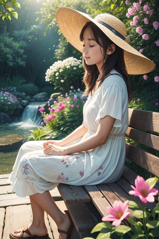 A girl in a garden,illustration style,vibrant colors,soft lighting,flowing lines,floral pattern,green foliage,peaceful atmosphere,warm sunlight,peaceful scenery,joyful expression,wearing a sun hat,exploring the garden,admiring the flowers,butterflies fluttering around,relaxing on a wooden bench,delicate brushstrokes,creative composition,pastel tones,chirping birds,scent of fresh flowers,faint sound of a nearby stream,whispering breeze,joyful and playful atmosphere,feeling of tranquility and serenity.
