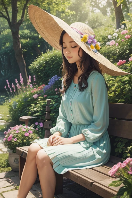 A girl in a garden,illustration style,vibrant colors,soft lighting,flowing lines,floral pattern,green foliage,peaceful atmosphere,warm sunlight,peaceful scenery,joyful expression,wearing a sun hat,exploring the garden,admiring the flowers,butterflies fluttering around,relaxing on a wooden bench,delicate brushstrokes,creative composition,pastel tones,chirping birds,scent of fresh flowers,faint sound of a nearby stream,whispering breeze,joyful and playful atmosphere,feeling of tranquility and serenity.