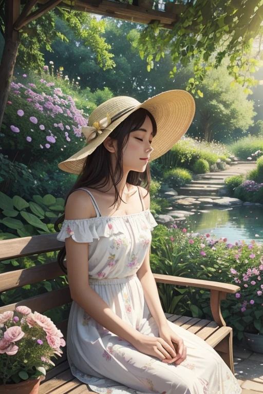 A girl in a garden,illustration style,vibrant colors,soft lighting,flowing lines,floral pattern,green foliage,peaceful atmosphere,warm sunlight,peaceful scenery,joyful expression,wearing a sun hat,exploring the garden,admiring the flowers,butterflies fluttering around,relaxing on a wooden bench,delicate brushstrokes,creative composition,pastel tones,chirping birds,scent of fresh flowers,faint sound of a nearby stream,whispering breeze,joyful and playful atmosphere,feeling of tranquility and serenity.