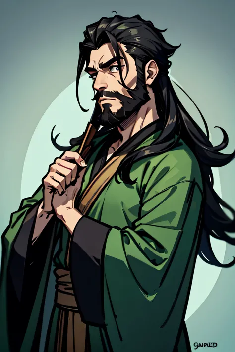 bruxo masculino com cabelo preto e barba vestindo vestes verdes