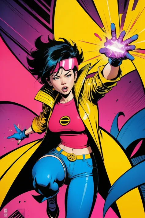 (((A comic style, cartoon art))). Jubilee is wearing her signature outfit. Asian girl, (((wearing blue jeans shorts))), short black hair, brown eyes, ((wearing yellow overcoat)) and blue jeans shorts, huge pink sunglasses, in dynamic heroic pose. fire blas...