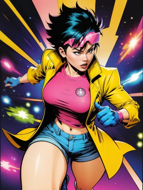 ((A comic style, cartoon art))). Jubilee is wearing her signature outfit. 1 girl, solo, lonly, Asian girl, (((wearing blue jeans...