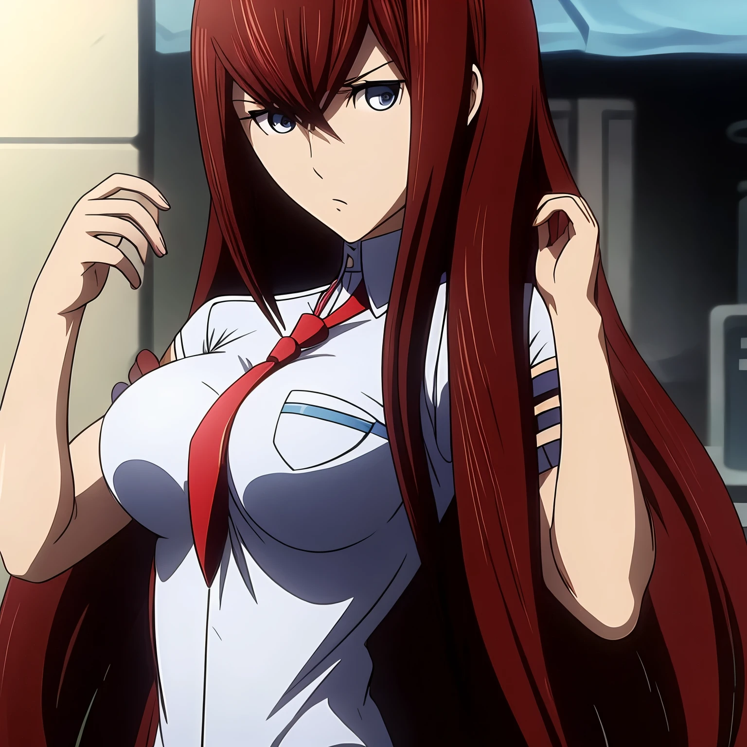 Anime girl with long red hair and white shirt posing for camera - SeaArt AI