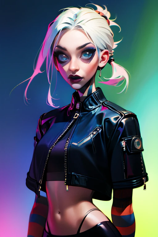 Uma ilustração ultra-realista em CG de katopunk como gothgirl waifu, olhos de anime perfeitos, olhos detalhados, Sozinho, olhar penetrante e maquiagem ousada,  vestindo uma jaqueta de couro com um top curto, e seu cabelo está penteado em um penteado elegante.