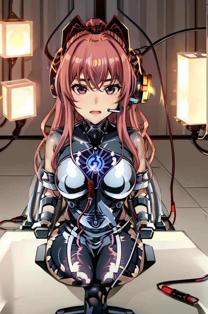 masterpiece, 最high quality, cg, wallpaper, HDR, high quality, High resolution, very detailed, mind control device, 1 girl, headset, sitting, Helmet, wire, tube, Covered face, BDSM, tied to a chair,Kasumido,